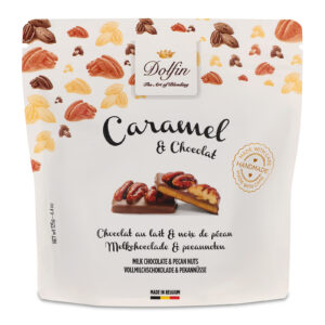 Dolfin Caramels - krokant, choklad och pekannötter, 125g.