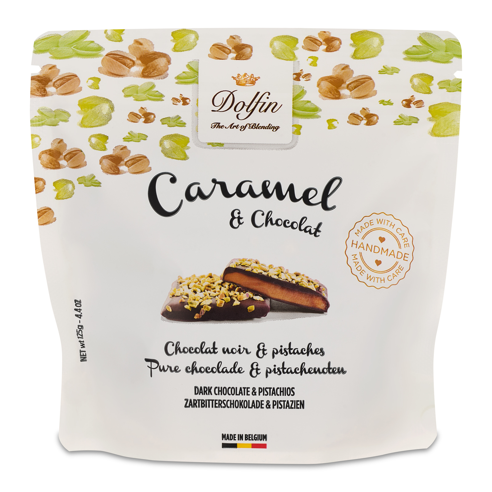 Dolfin Caramels - krokant, choklad och pistagenötter, 125g.