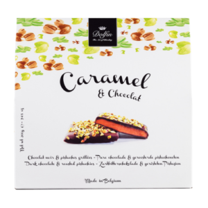 Dolfin Caramels - krokant, choklad och pistagenötter, 200g.