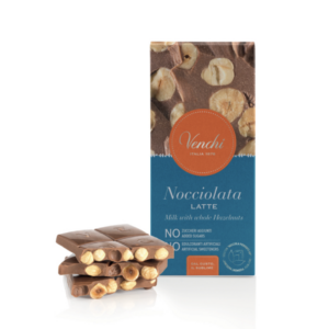Venchi - mjölkchoklad utan tillsatt socker, med hela hasselnötter, 100g.