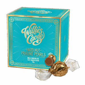 Willie´s Cacao - Ljus chokladpralin med hasselnötsfyllning, 150g.