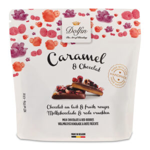 Dolfin Caramels - krokant mjölkchoklad och röda bär, 125g.