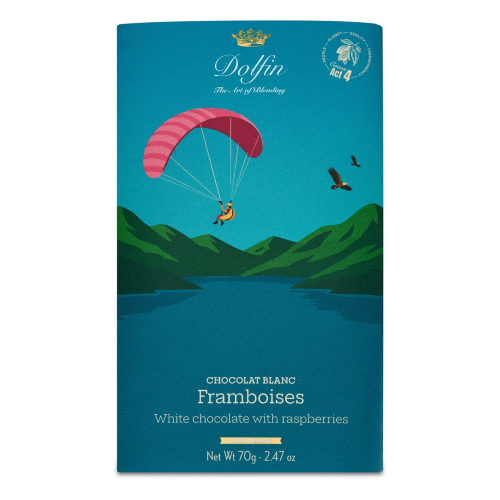 Dolfin Chokladkaka - SOMMARMOTIV vit choklad med hallon, 70g.